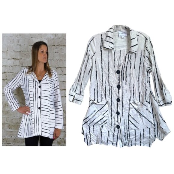 Compli K Canada NEW Linen Lagenlook Graphic Jacket Lightweight Pockets Boho Top - Picture 1 of 16